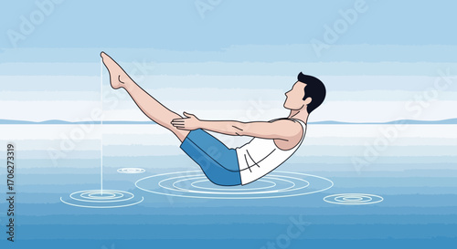 Man Practice Yoga Pose Floating On Water, Recreation And Wellness Concept