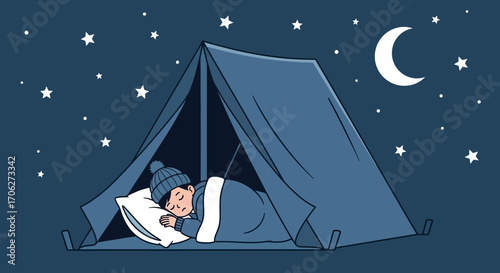 Peaceful Night's Respite: A Person Sleeping, Embraced by Evening's Serenity, Camping Under Stars