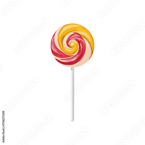 Bright lollipop: colorful yellow caramel on a stick, vector illustration for children's and holiday projects