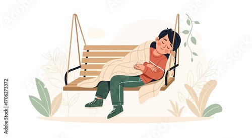 Peaceful Person Resting Comfortably on A Wooden Swing with Warm Blanket Relaxing Outside