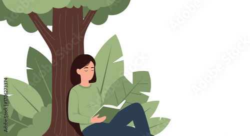 Peaceful Reader Relaxing Under a Shady Tree While Reading A Book With Closed Eyes