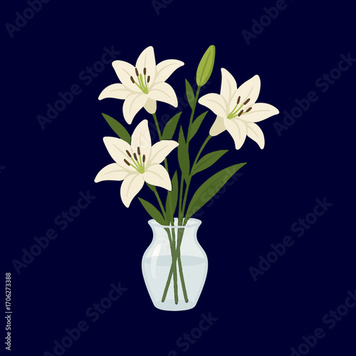 White lilies in a vase: elegant bouquet of flowers on a dark background, vector illustration