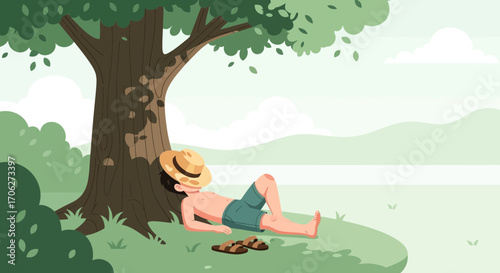 Peaceful Scene Of A Person Relaxing Underneath A Tree On A Sunny Day Illustration