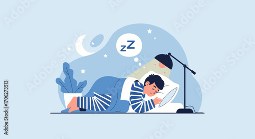 Peaceful Slumber: A Man Dreaming Under The Moonlight in Vector Illustration