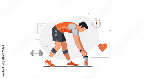 Man Preparing Workout with Water Bottle and Stopwatch, Illustrated Fitness Activity
