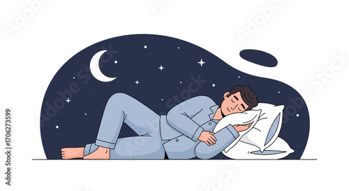 Peaceful Slumber Depicted: A Man Dreams Amongst Stars And A Gentle Crescent.