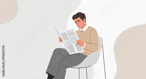 Man Reading Newspaper While Seated, Illustration Depicting Relaxed Reading And Leisure