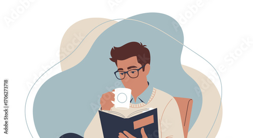 Man Reading With Tea Reading Book in Hand While Sitting And Relaxing Peacefully