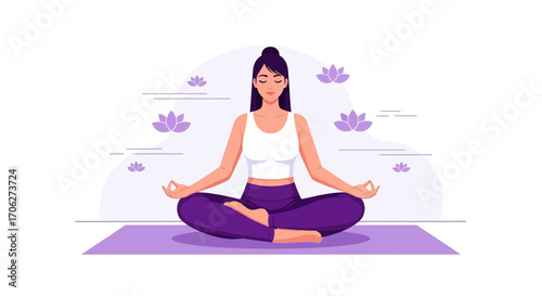 Peaceful Woman Meditating with Lotus Flowers, Achieving Mental Clarity, And Reaching Serenity