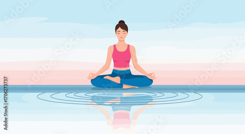 Peaceful Woman Meditating In Lotus Pose With A Reflection Of Tranquility