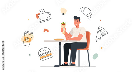 Man Relaxes While Savoring Wrap And Enjoying Various Fast Food Offerings