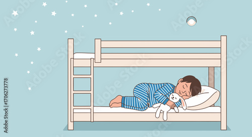 Peaceful Young Child Sleeping Comfortably In A Cozy Bunk Bed At Night