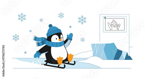 Penguin Joyfully Skates In A Winter Wonderland Amidst Falling Snowflakes