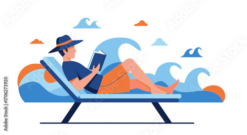Man Relaxing on The Beach Reading Book During Vacation With Sea Waves In Summer