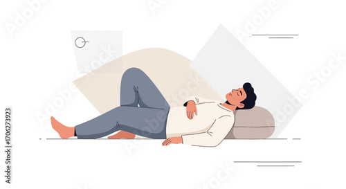 Man Relaxing Peacefully on Soft Surface In Sleep or Rest Position Artistic Illustration