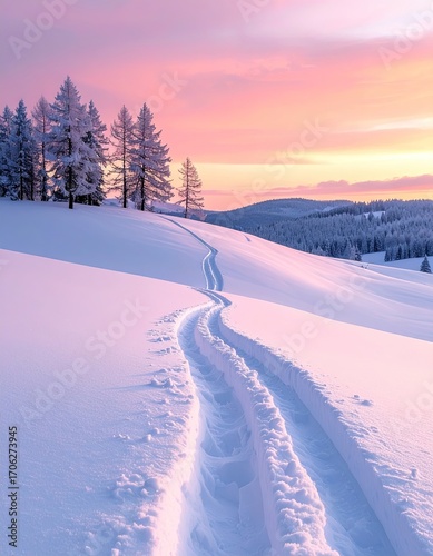 Snowy mountain path at sunrise.  Pink hues paint the sky over a winding trail through a winter wonderland.  Coniferous trees dot the hilltop