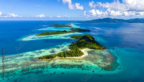 Aerial view of a chain of tropical islands