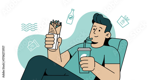 Man Relaxing While Enjoying a Snack and Taking a Sip From a Drink, Modern Illustration