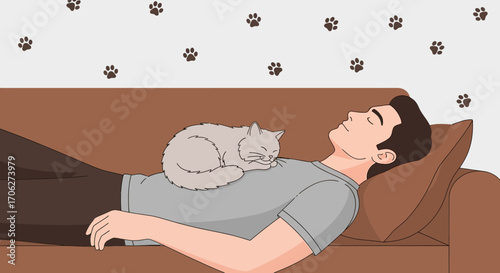 Man Relaxing With His Loyal Cat At Home On The Brown Sofa For A Good Nap