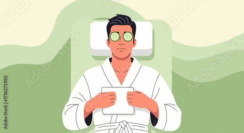 Man Relaxing With Cucumber Slices On Eyes At Spa For Relaxation Treatment
