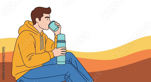 Man Relaxing, Drinking From Cup Beside a Thermos, Outdoors with a Colorful Background