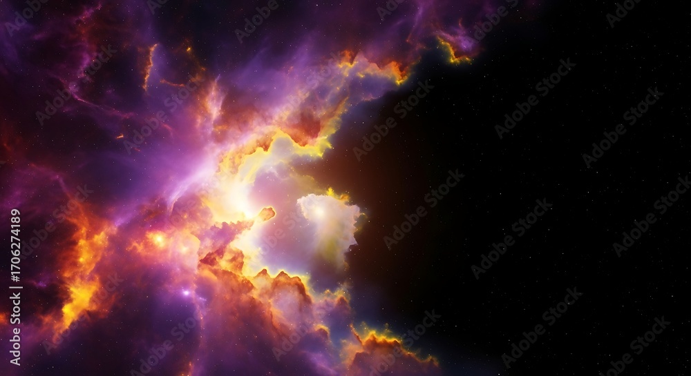 Naklejka premium A colorful nebula with purple and orange clouds illuminated by a bright central light