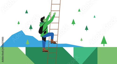 Person Climbing Ladder Reaching Higher In Green Forest Ambition And Success Concept