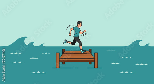 Man Running On Pier Towards Sea Illustrative Concept Of Achieving Goals And Freedom