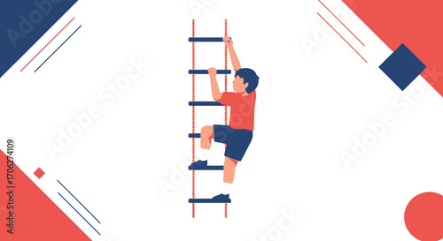 Person Climbing On Rope Ladder Reaching The Top With Colorful Background Art