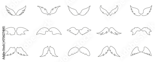 Symmetrical Angel Wings Line Icon Set. Collection Of Spiritual Wing Shapes Depicting Ascension, Celestial Motion, Freedom And Protection Symbol. Editable Stroke. Isolated Vector Illustration