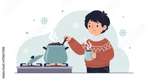 Person Cooking And Enjoying Warm Beverages During Winter Season With Snowflakes