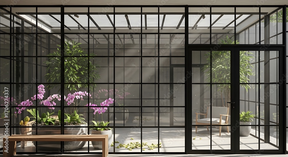 Obraz premium Modern sunroom design with black frame windows and plants for home interior inspiration and garden decor ideas