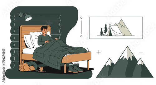 Person Dreaming Of Adventure Resting In Bed With Camping Inspiration Details