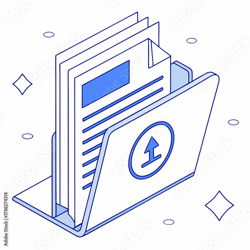 Isometric illustration of a blue folder with documents and an upload arrow symbol representing data transfer and digital organization concepts