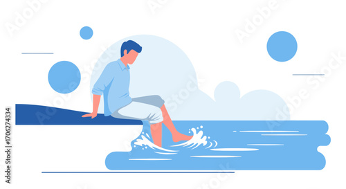 Man Sitting By Seaside Freshly Dipping Feet Into Refreshing Water Illustrated Scene