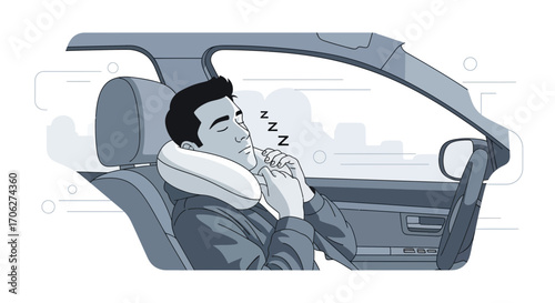 Man Sleeping Comfortably with Travel Pillow During Car Ride For Relaxation Purpose