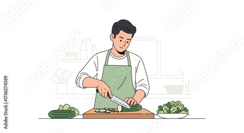 Man Slicing Cucumber in Kitchen Preparing Fresh Meal: Healthy Nutrition Lifestyle