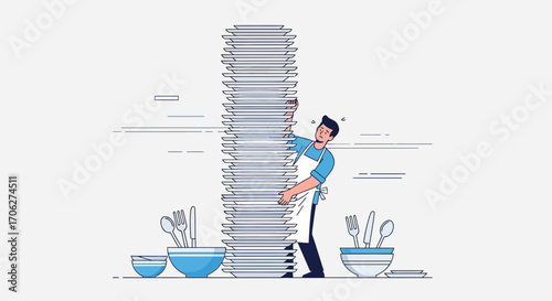 Man Struggling To Hold a Massive Tower of Plates, Kitchen And Dishwashing Concept