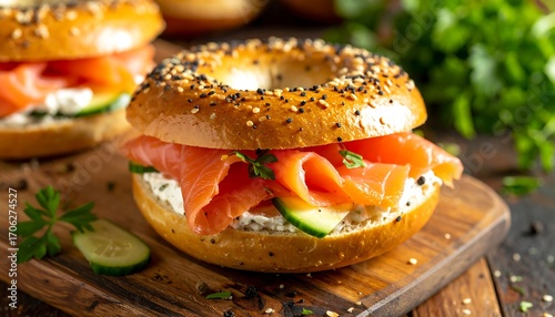 Close-up of bagel sandwiches with smoked salmon and cream cheese