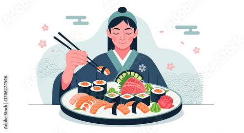 Person Enjoying Delicious Japanese Cuisine, Artfully Arranged Sushi on a Plate