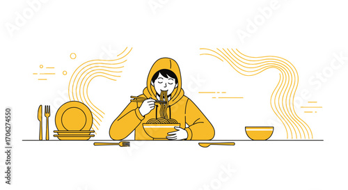 Person Enjoying Delicious Noodles, Drawn in Minimalistic Style, Perfect for Food Related Designs