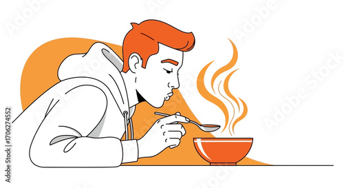 Man Tasting Hot Soup in a Bowl, Enjoying the Aroma and Flavor, Food Illustration
