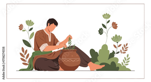 Man Tending Plants In A Pot, Artistic Depiction With Green Decorations And Floral Designs