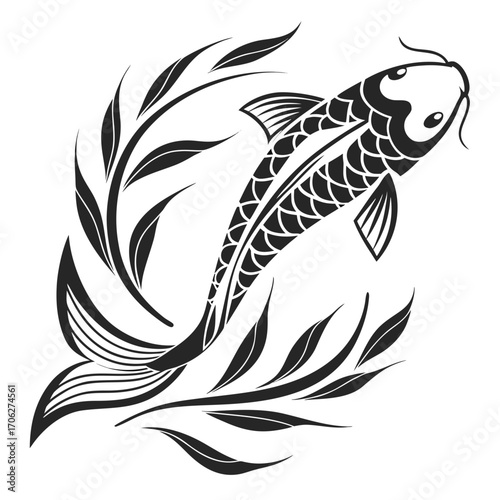 Stylized black and white illustration of a koi fish swimming gracefully amidst flowing aquatic plants and leaves in a circular motion