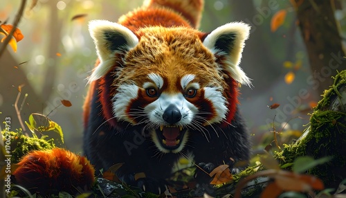 Angry red panda in a forest