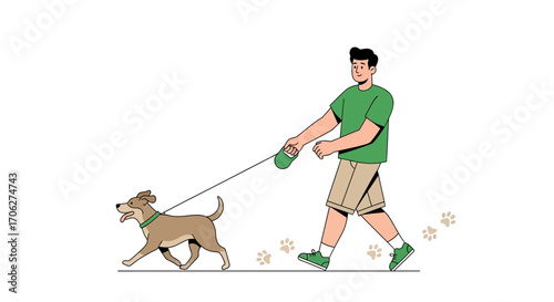 Man Walking A Dog On A Leash During Daylight, Outdoor Activity In Style