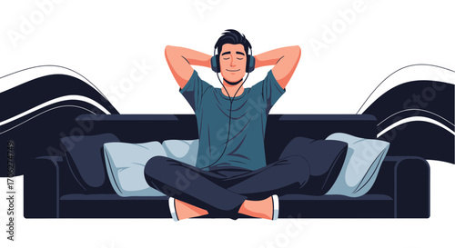 Person Enjoying Music While Relaxing On The Sofa, Listening With Headphones, Peaceful Moment