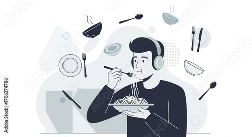 Person Enjoying Pasta While Listening Music Illustration With Different Dining Elements