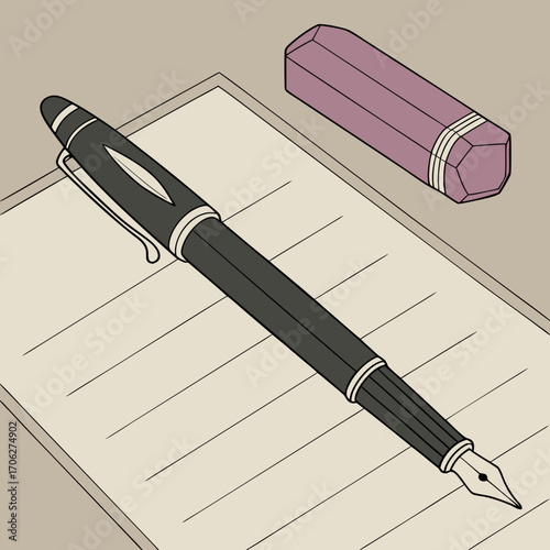 A classic black fountain pen rests on lined paper next to a purple eraser symbolizing writing education and creativity