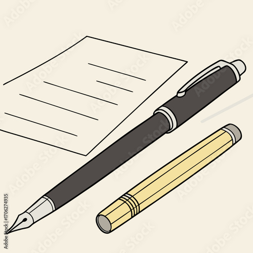 A sophisticated black fountain pen with a silver nib rests beside its golden cap and a blank lined document on a light beige background